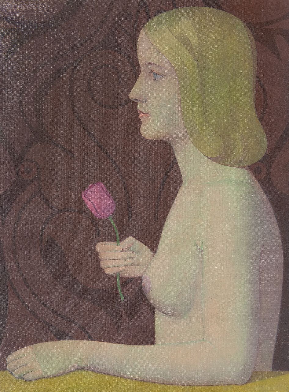 Jan Heyse | Female nude with a tulip, oil on canvas laid down on board, 54.6 x 40.3 cm, signed u.l. and dated 1951