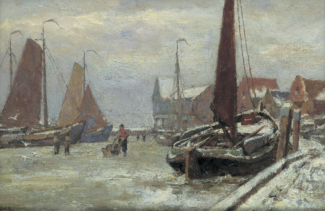Koekkoek G.J.  | Gerardus Johannes 'Gerard' Koekkoek, The harbour of Volendam in winter, oil on canvas 20.1 x 30.0 cm, signed l.l.
