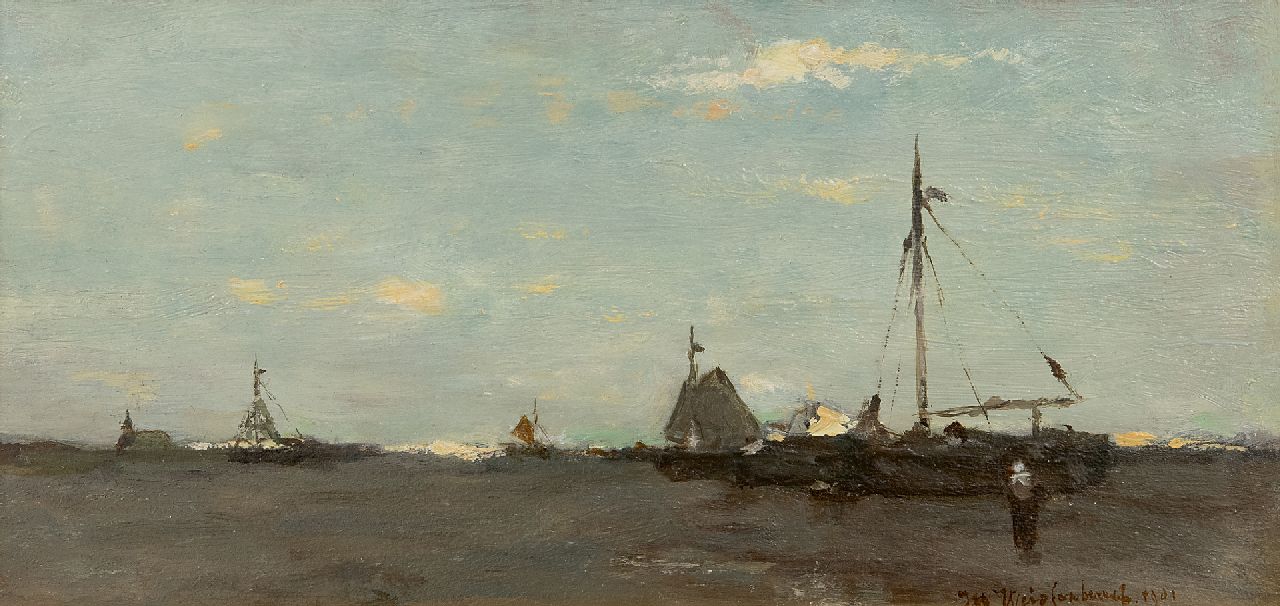 Weissenbruch H.J.  | Hendrik Johannes 'J.H.' Weissenbruch | Paintings offered for sale | Stranded boats on the beach of Scheveningen at low tide, oil on panel 15.6 x 31.2 cm, signed l.r. and dated 1901