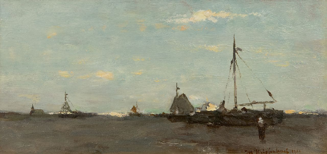 Weissenbruch H.J.  | Hendrik Johannes 'J.H.' Weissenbruch, Stranded boats on the beach of Scheveningen at low tide, oil on panel 15.6 x 31.2 cm, signed l.r. and dated 1901