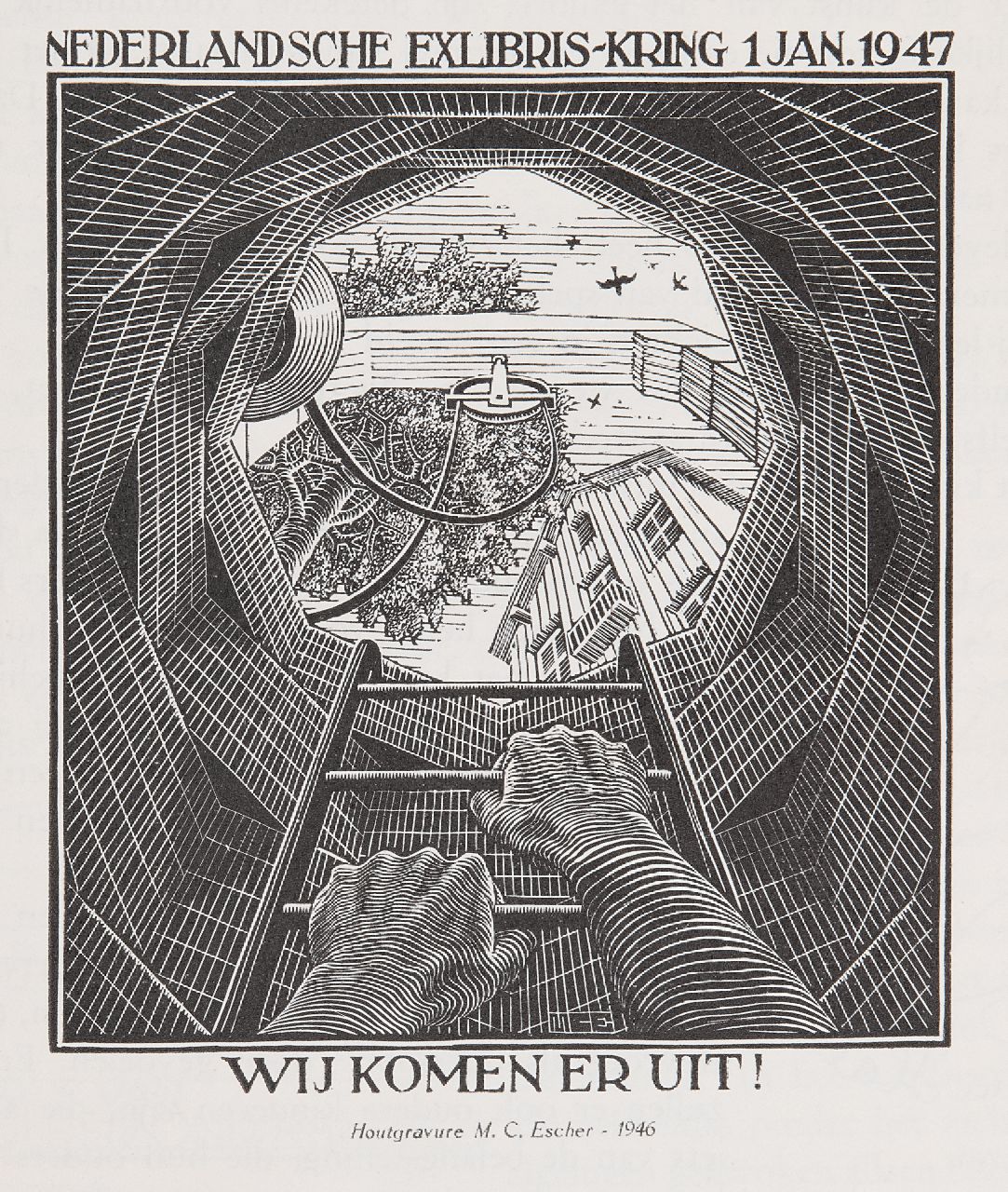 Maurits Cornelis Escher | Wij komen er uit! Illustration in memorial book of the Dutch Exlibris-Kring, 1947, wooden engraving, 12.0 x 10.0 cm