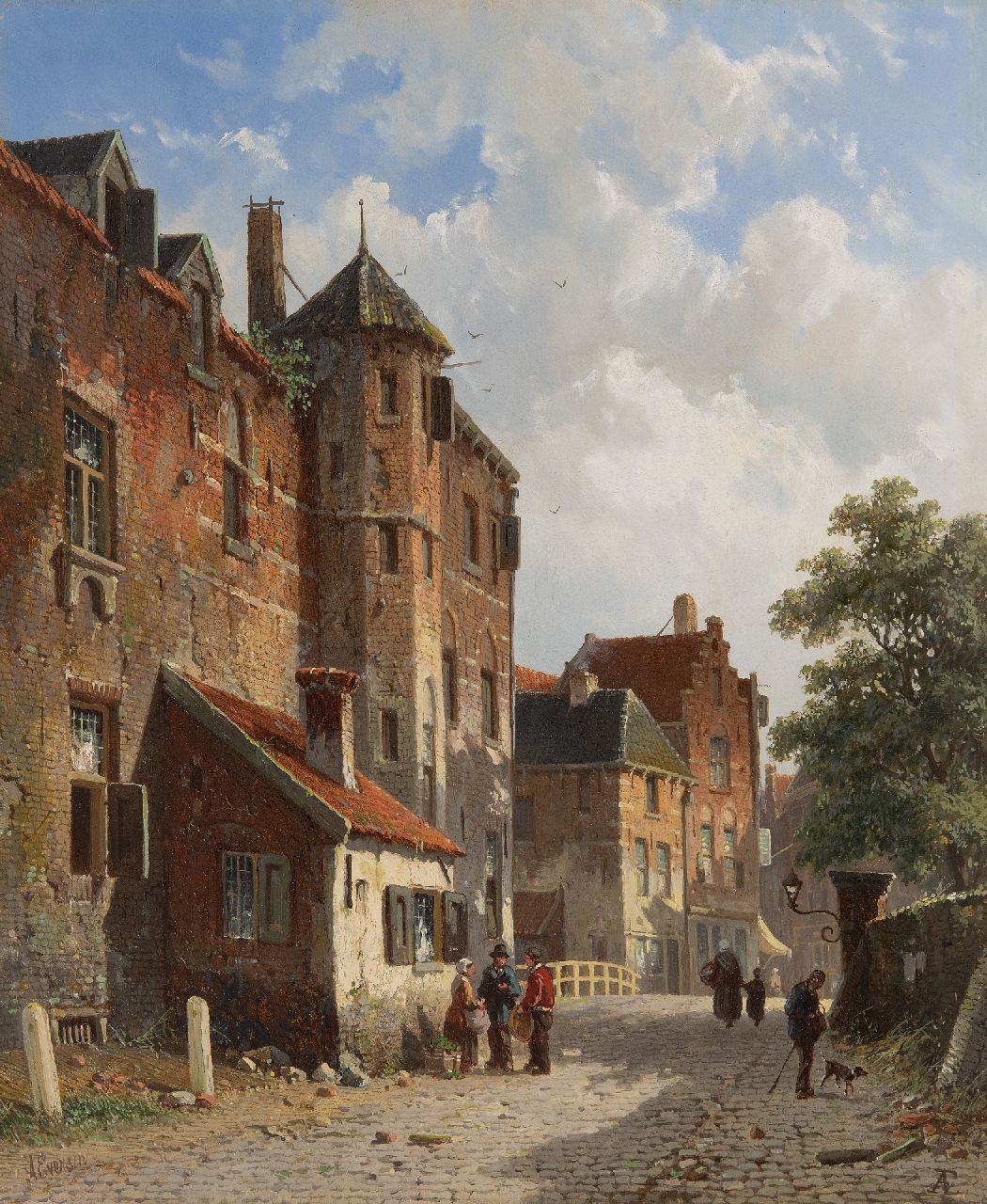 Eversen A.  | Adrianus Eversen, Sunny Dutch street, oil on panel 41.8 x 34.4 cm, signed l.l. in full and l.r. with monogram