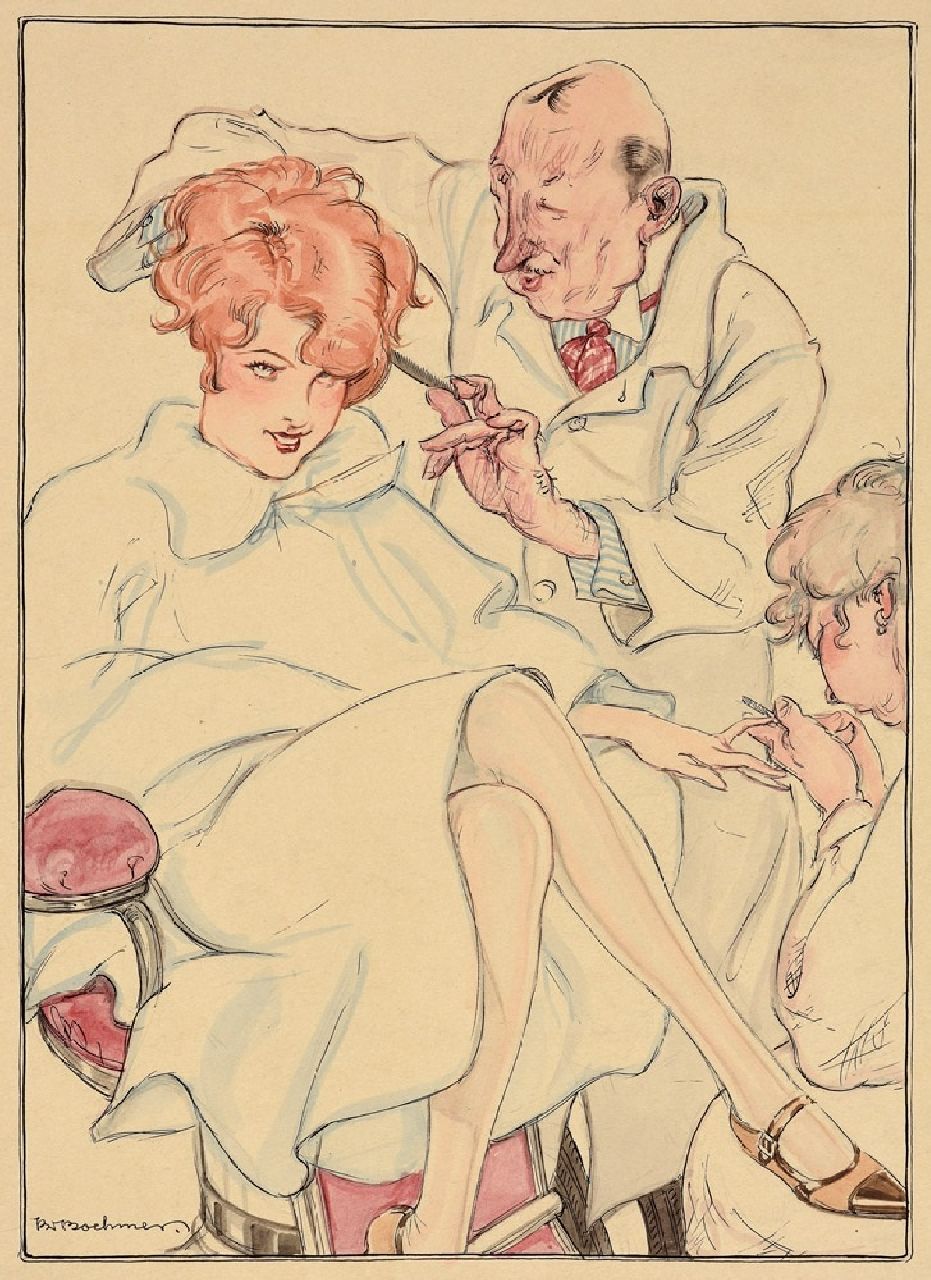 Boehmer K.W.  | Karl Wolfgang Boehmer | Watercolours and drawings offered for sale | At the hairdresser, watercolour on paper 25.0 x 18.0 cm, signed l.l.