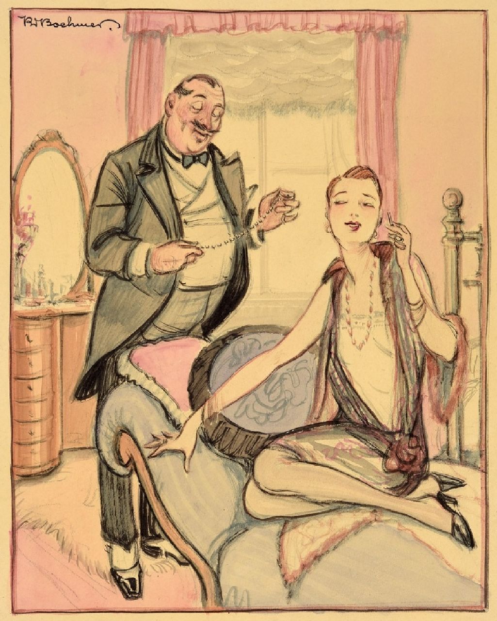 Boehmer K.W.  | Karl Wolfgang Boehmer | Watercolours and drawings offered for sale | A gift for the lady, pencil and watercolour on paper 24.0 x 19.0 cm, signed u.l. and without frame