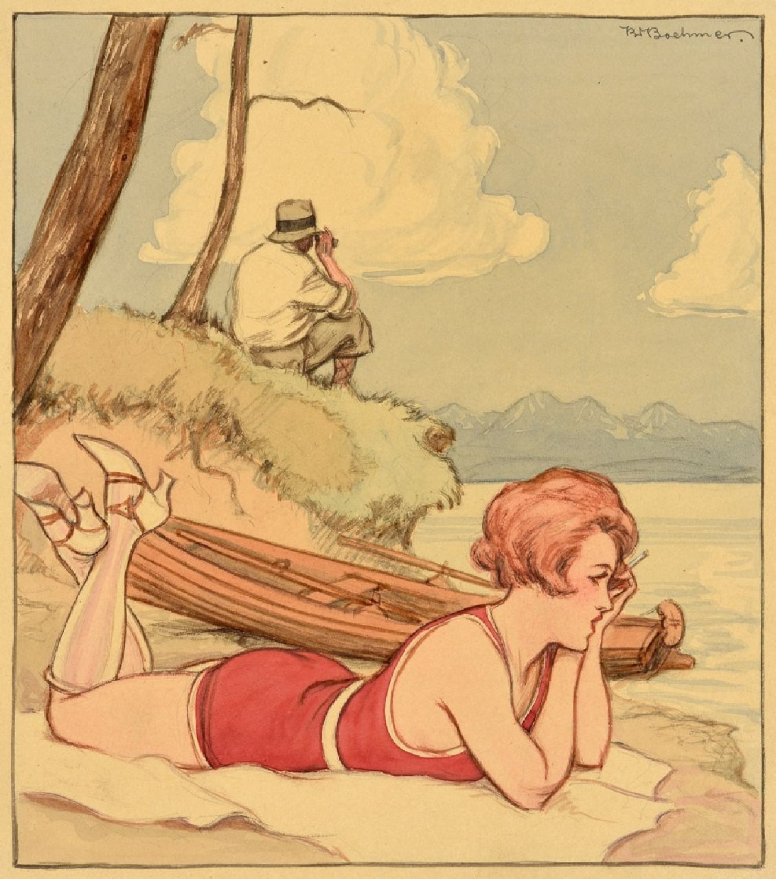 Boehmer K.W.  | Karl Wolfgang Boehmer | Watercolours and drawings offered for sale | On the beach, pencil and watercolour on paper 21.6 x 18.8 cm, signed u.r. and without frame