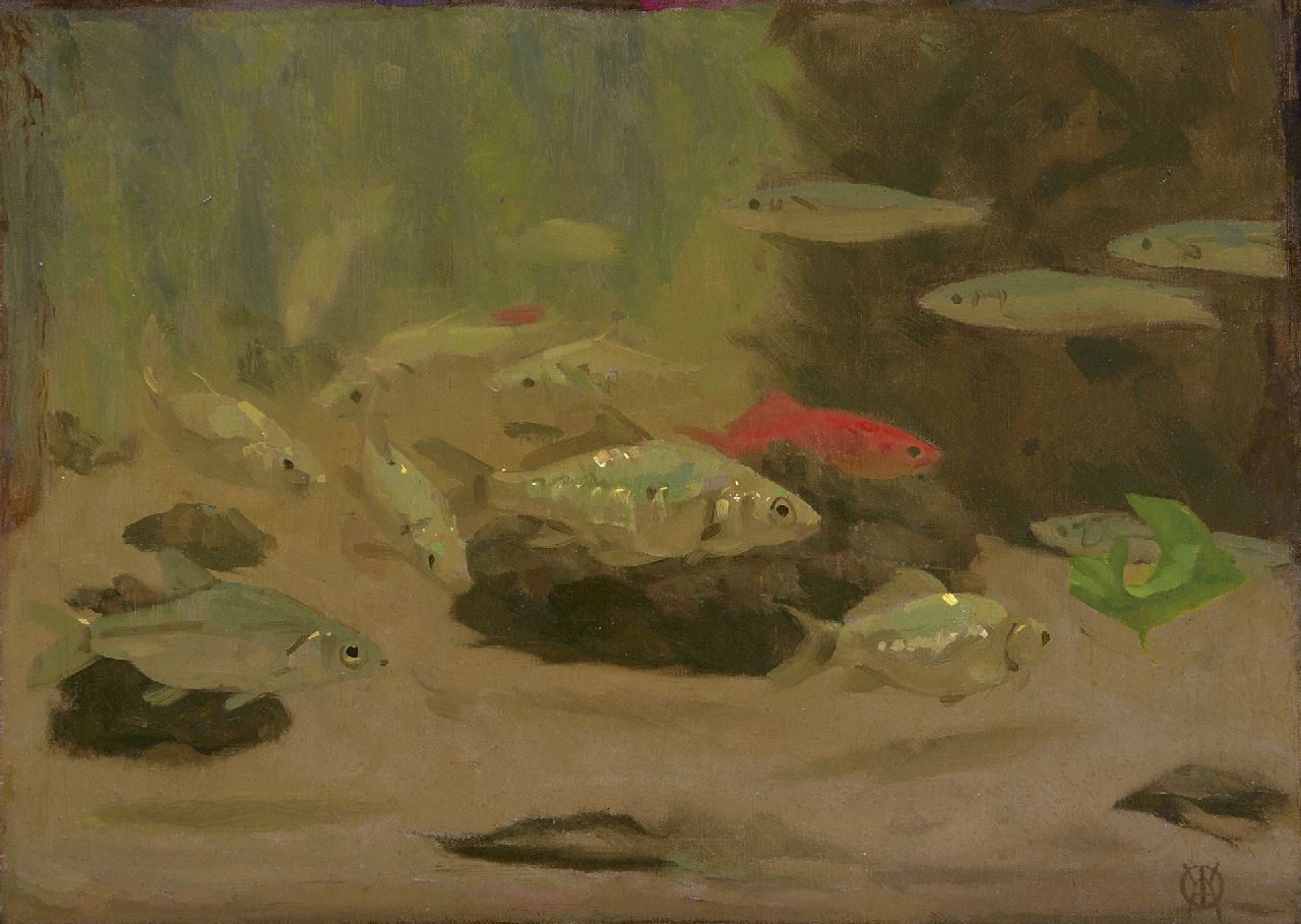 Dijsselhof G.W.  | Gerrit Willem Dijsselhof, Fish in the Artis aquarium, oil on canvas 28.7 x 39.9 cm, signed l.r. with monogram