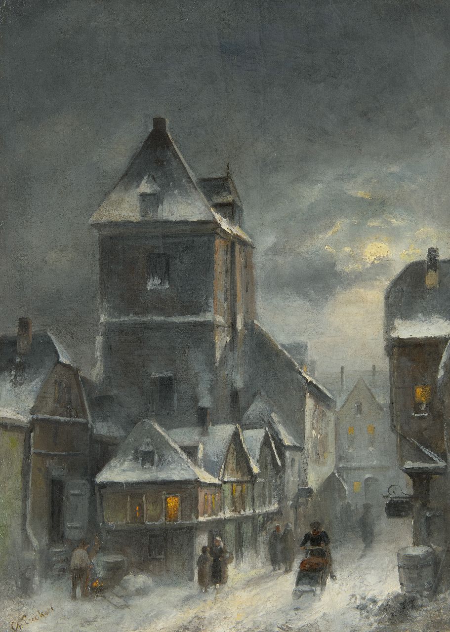 Leickert C.H.J.  | 'Charles' Henri Joseph Leickert | Paintings offered for sale | Winter cityscape at early evening, oil on canvas 42.6 x 30.6 cm, signed l.l. and ca. 1895