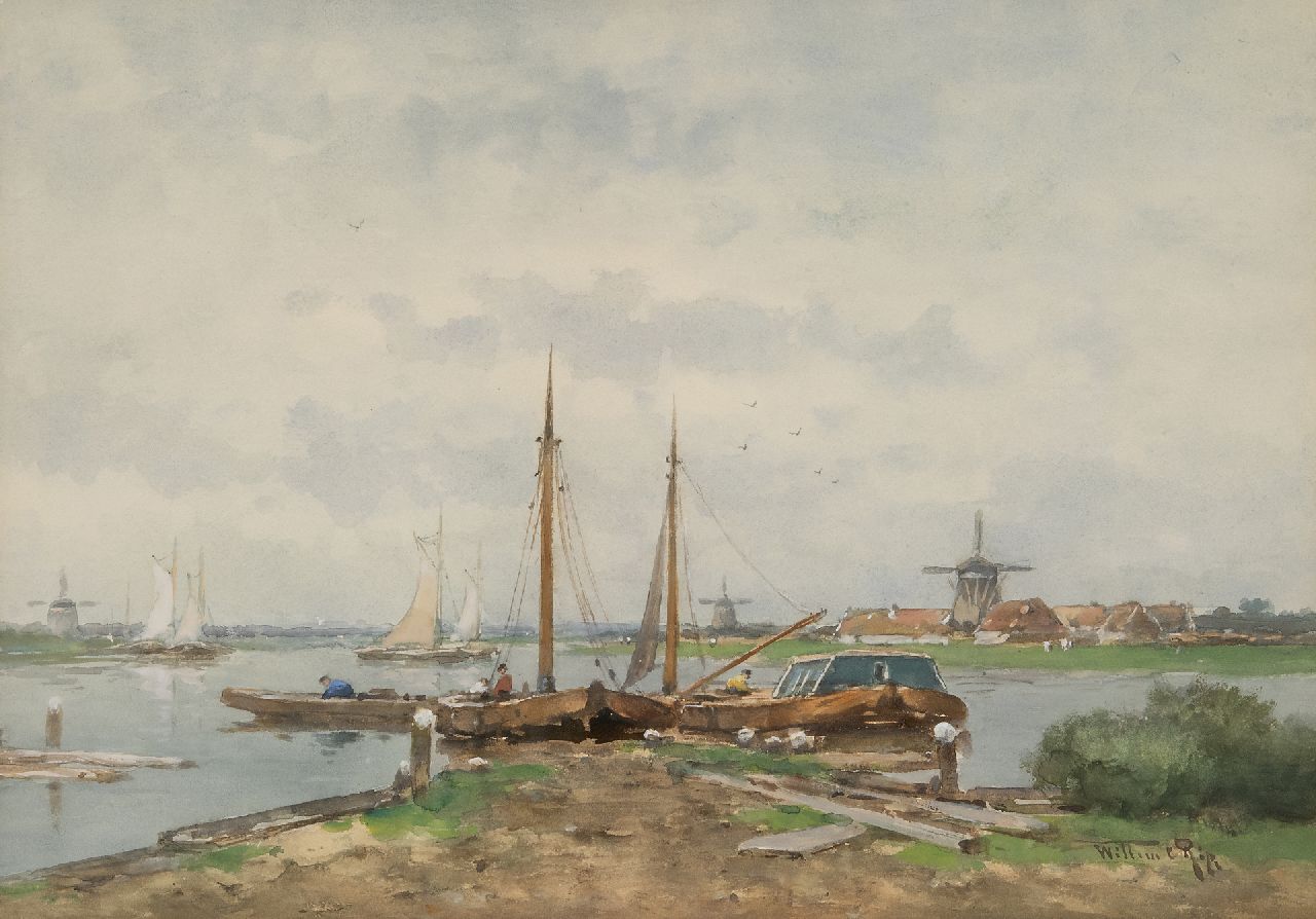 Rip W.C.  | 'Willem' Cornelis Rip | Watercolours and drawings offered for sale | River landscape with moored barges, watercolour on paper 35.5 x 50.7 cm, signed l.r.