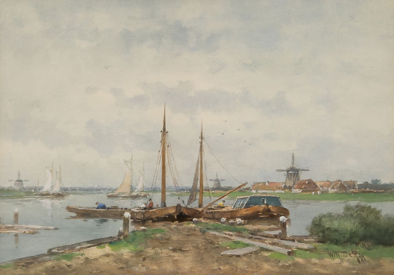 Rip W.C.  | 'Willem' Cornelis Rip | Watercolours and drawings offered for sale | River landscape with moored barges, watercolour on paper 35.5 x 50.7 cm, signed l.r.