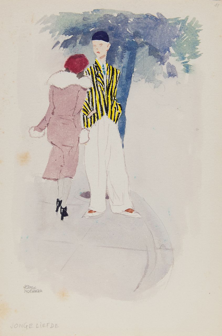 Moerkerk H.A.J.M.  | Hermanus Antonius Josephus Maria 'Herman' Moerkerk | Watercolours and drawings offered for sale | Young love, pencil and watercolour on paper 25.5 x 17.0 cm, signed l.l.