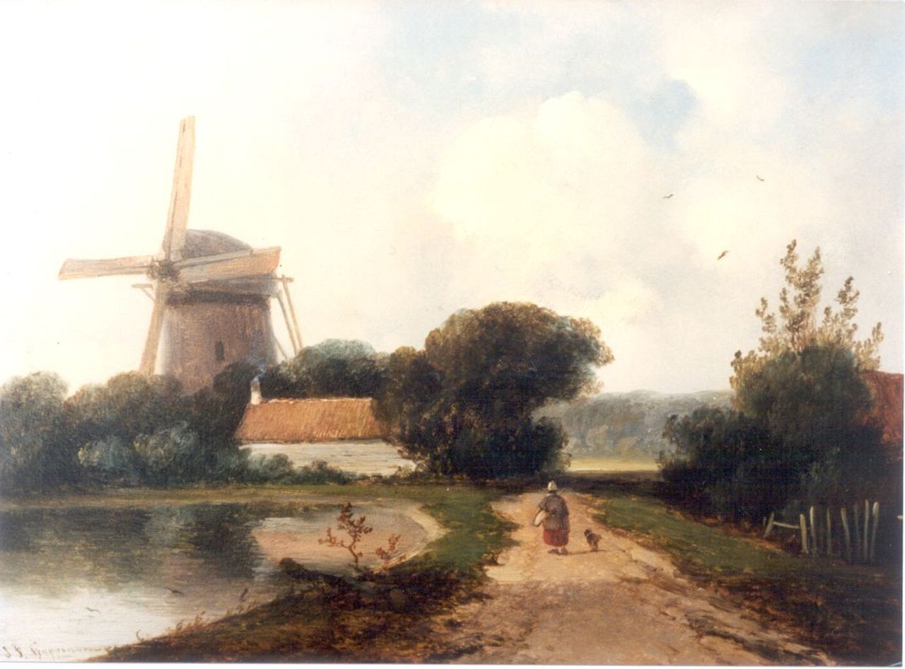 Hoppenbrouwers J.F.  | Johannes Franciscus Hoppenbrouwers, A summer landscape with a windmill along a waterway, oil on panel 24.0 x 27.9 cm, signed l.l.