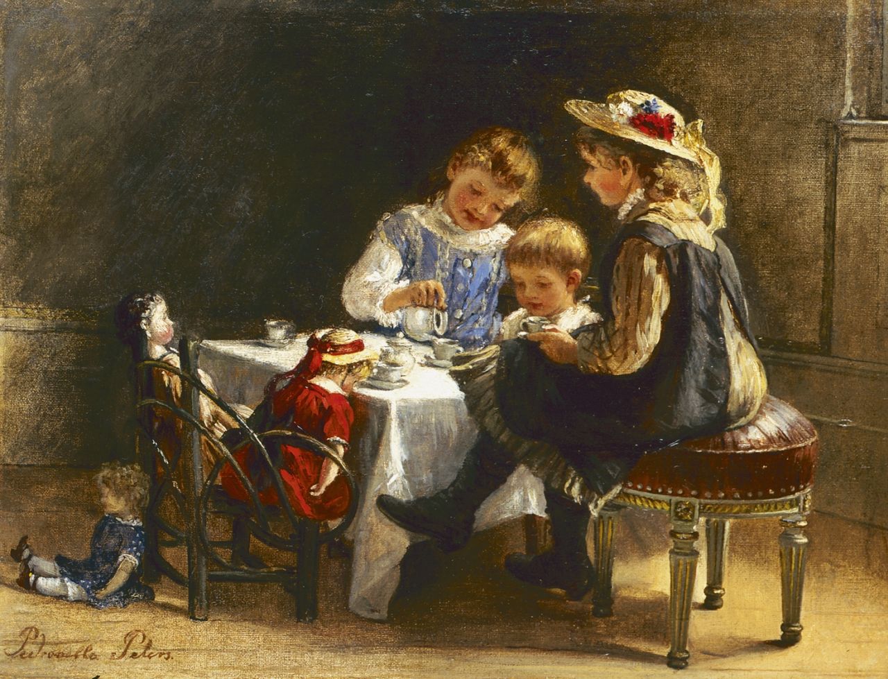 Peters P.  | Pietronella Peters, Drinking tea with the dolls, oil on canvas laid down on painter's board 21.8 x 28.8 cm, signed l.l.