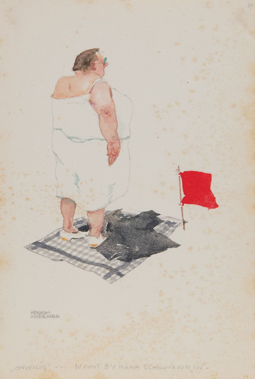 Moerkerk H.A.J.M.  | Hermanus Antonius Josephus Maria 'Herman' Moerkerk | Watercolours and drawings offered for sale | 'Unsafe'... Lives with her son-in-law 'in', pencil and watercolour on paper 25.5 x 17.1 cm, signed l.l.