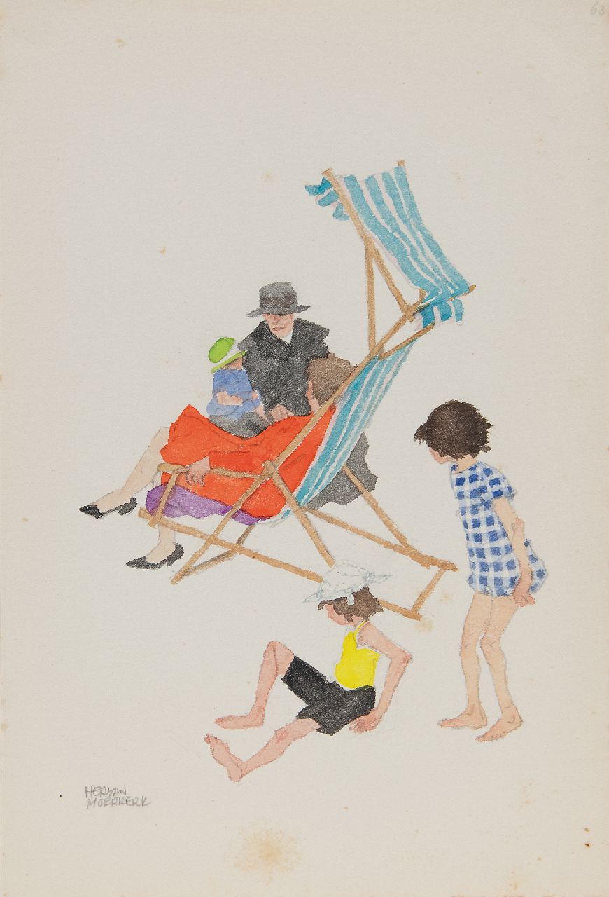 Moerkerk H.A.J.M.  | Hermanus Antonius Josephus Maria 'Herman' Moerkerk | Watercolours and drawings offered for sale | Day at the beach, pencil and watercolour on paper 25.5 x 17.1 cm, signed l.l.