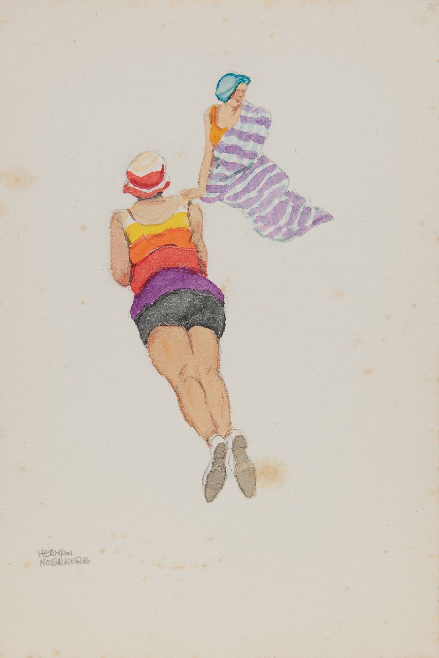 Moerkerk H.A.J.M.  | Hermanus Antonius Josephus Maria 'Herman' Moerkerk | Watercolours and drawings offered for sale | Two young ladies on the beach of Zandvoort, pencil and watercolour on paper 25.5 x 17.1 cm, signed l.l.