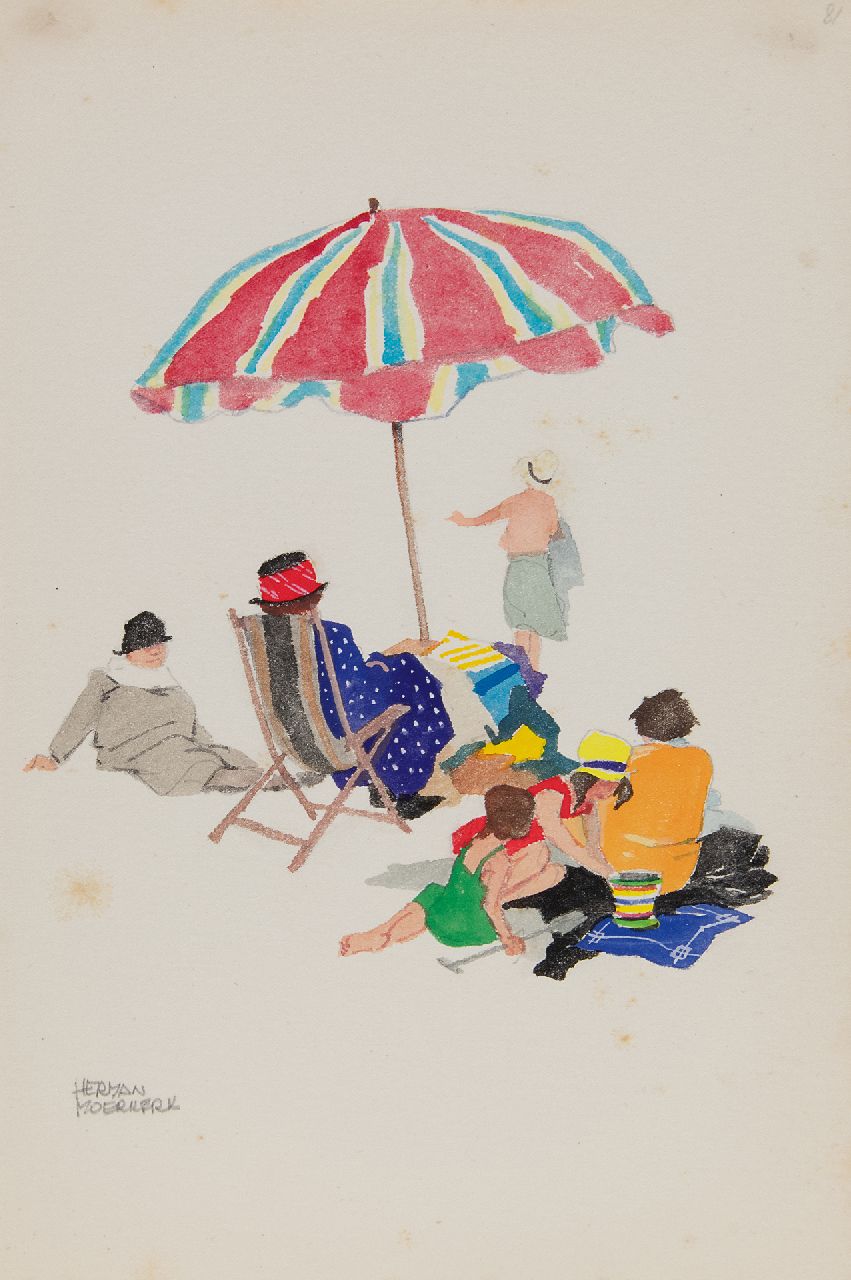 Moerkerk H.A.J.M.  | Hermanus Antonius Josephus Maria 'Herman' Moerkerk | Watercolours and drawings offered for sale | Under mother's parasol at Zandvoort, pencil and watercolour on paper 25.5 x 17.1 cm, signed l.l.