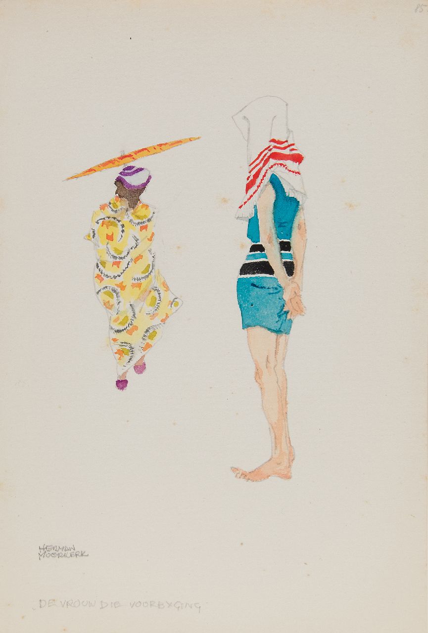 Moerkerk H.A.J.M.  | Hermanus Antonius Josephus Maria 'Herman' Moerkerk | Watercolours and drawings offered for sale | The woman who passed by, pencil and watercolour on paper 25.5 x 17.3 cm, signed l.l.