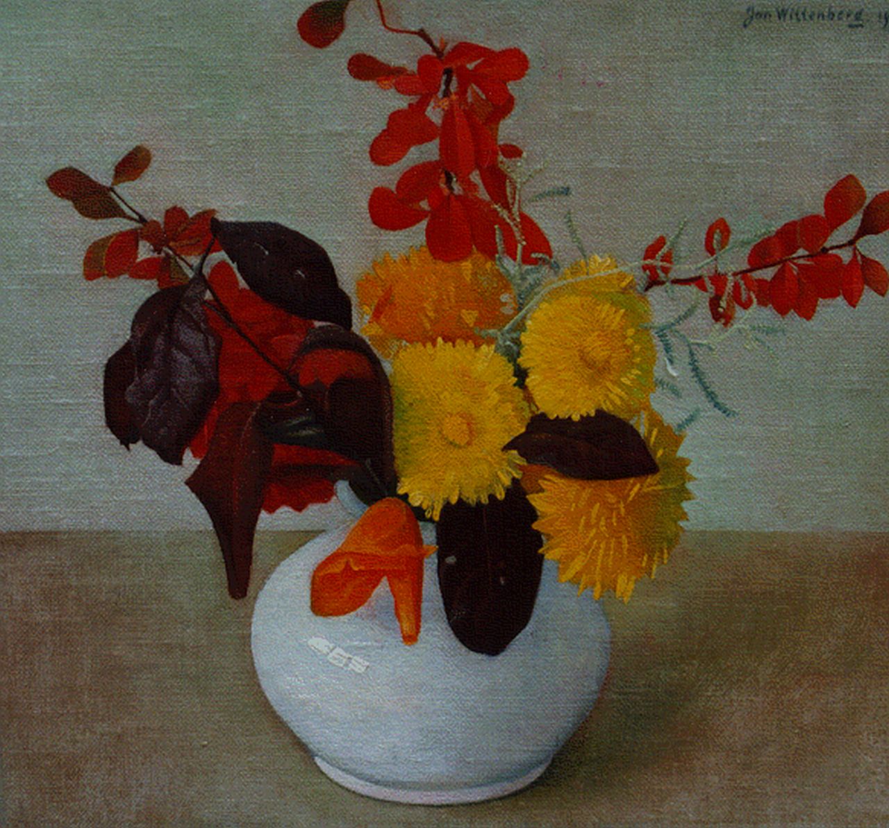Wittenberg J.H.W.  | 'Jan' Hendrik Willem Wittenberg, A colourful bouquet, oil on canvas laid down on panel 22.5 x 24.5 cm, signed u.r. and dated 1940