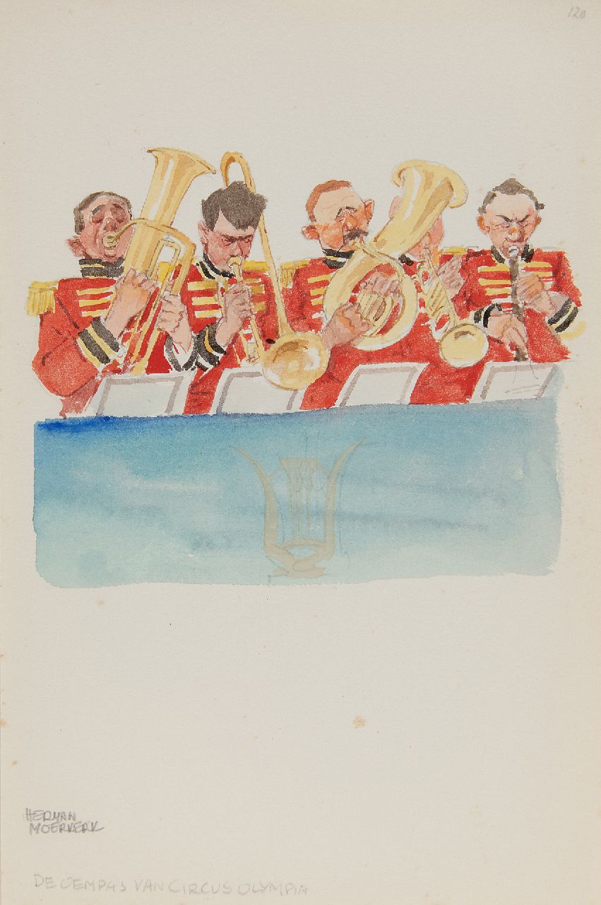 Moerkerk H.A.J.M.  | Hermanus Antonius Josephus Maria 'Herman' Moerkerk | Watercolours and drawings offered for sale | The hooppapa band of circus Olympia Palace, pencil and watercolour on paper 25.6 x 17.1 cm, signed l.l.