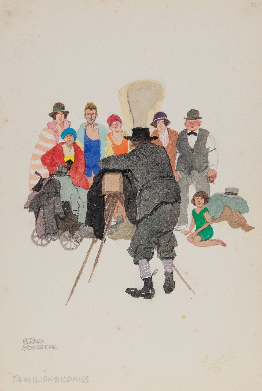 Moerkerk H.A.J.M.  | Hermanus Antonius Josephus Maria 'Herman' Moerkerk, Family picture, pencil and watercolour on paper 25.6 x 17.2 cm, signed l.l.