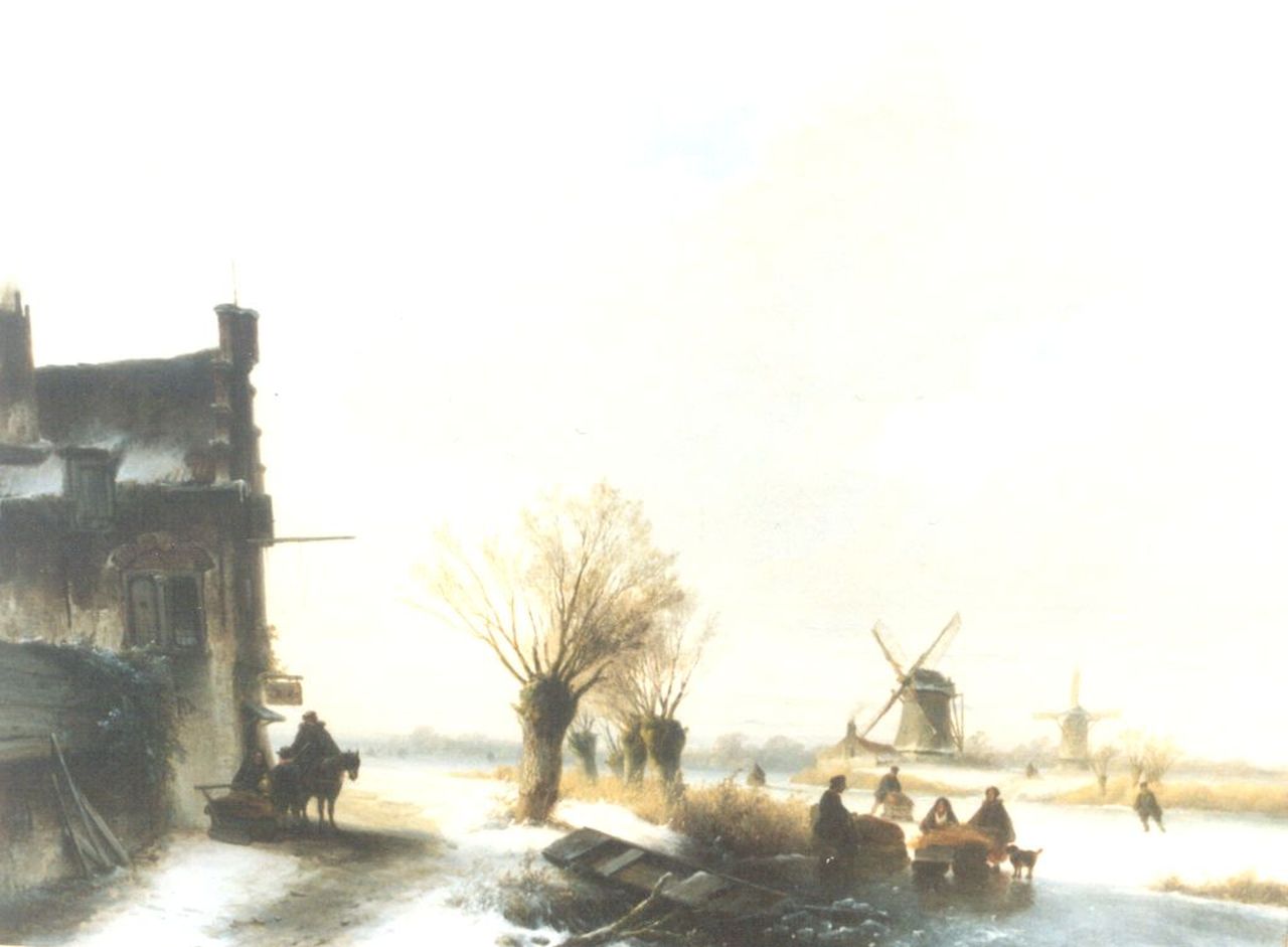 Hoppenbrouwers J.F.  | Johannes Franciscus Hoppenbrouwers, A winter landscape with skaters on the ice, oil on panel 51.3 x 68.3 cm, signed l.l.