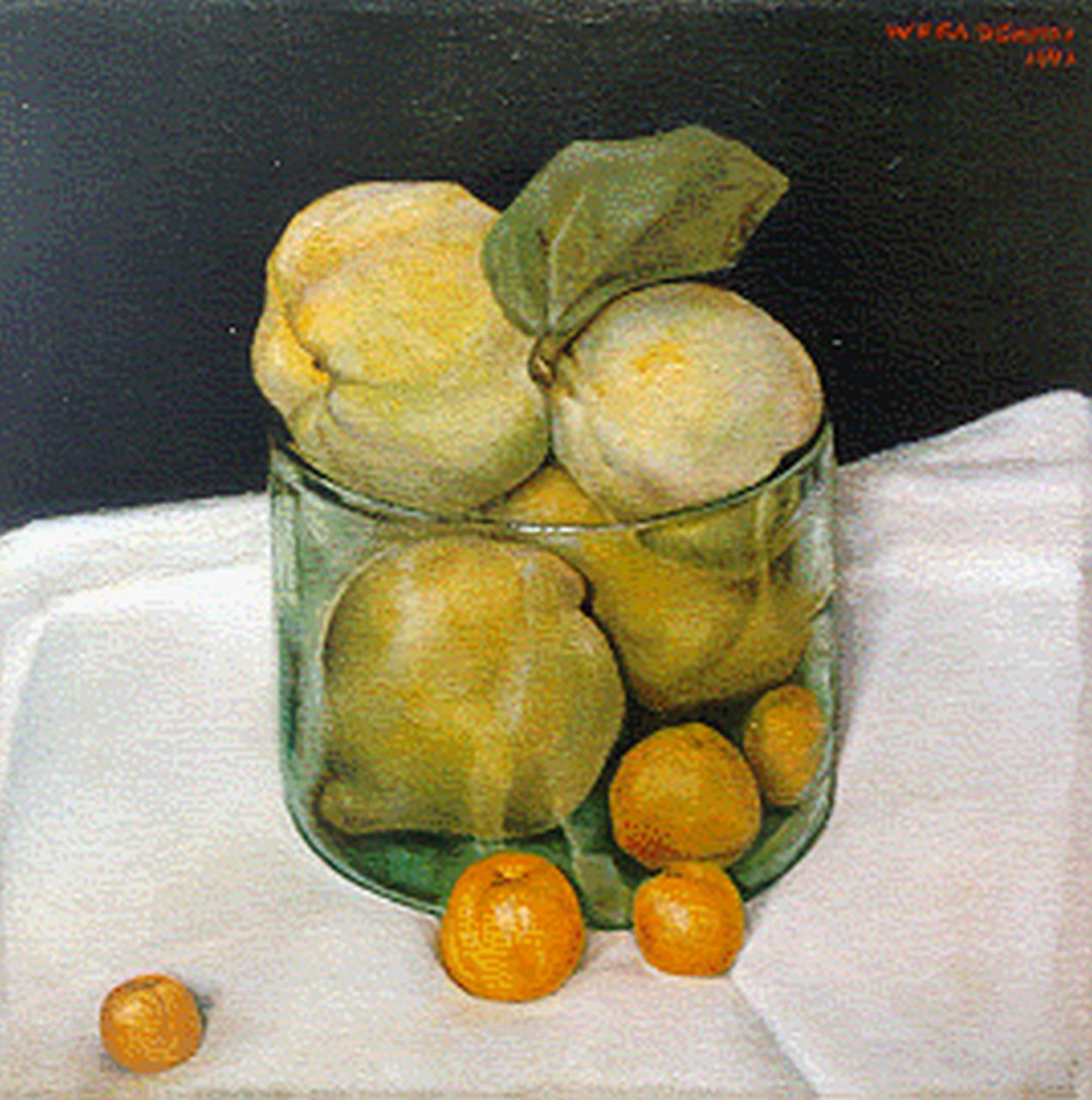 Schmid-Wittenberg W.M.J.  | 'Wera' Maria Josefine Schmid-Wittenberg, Still life with quinces and abricots, oil on canvas 25.5 x 25.2 cm, signed u.r. and dated 1947