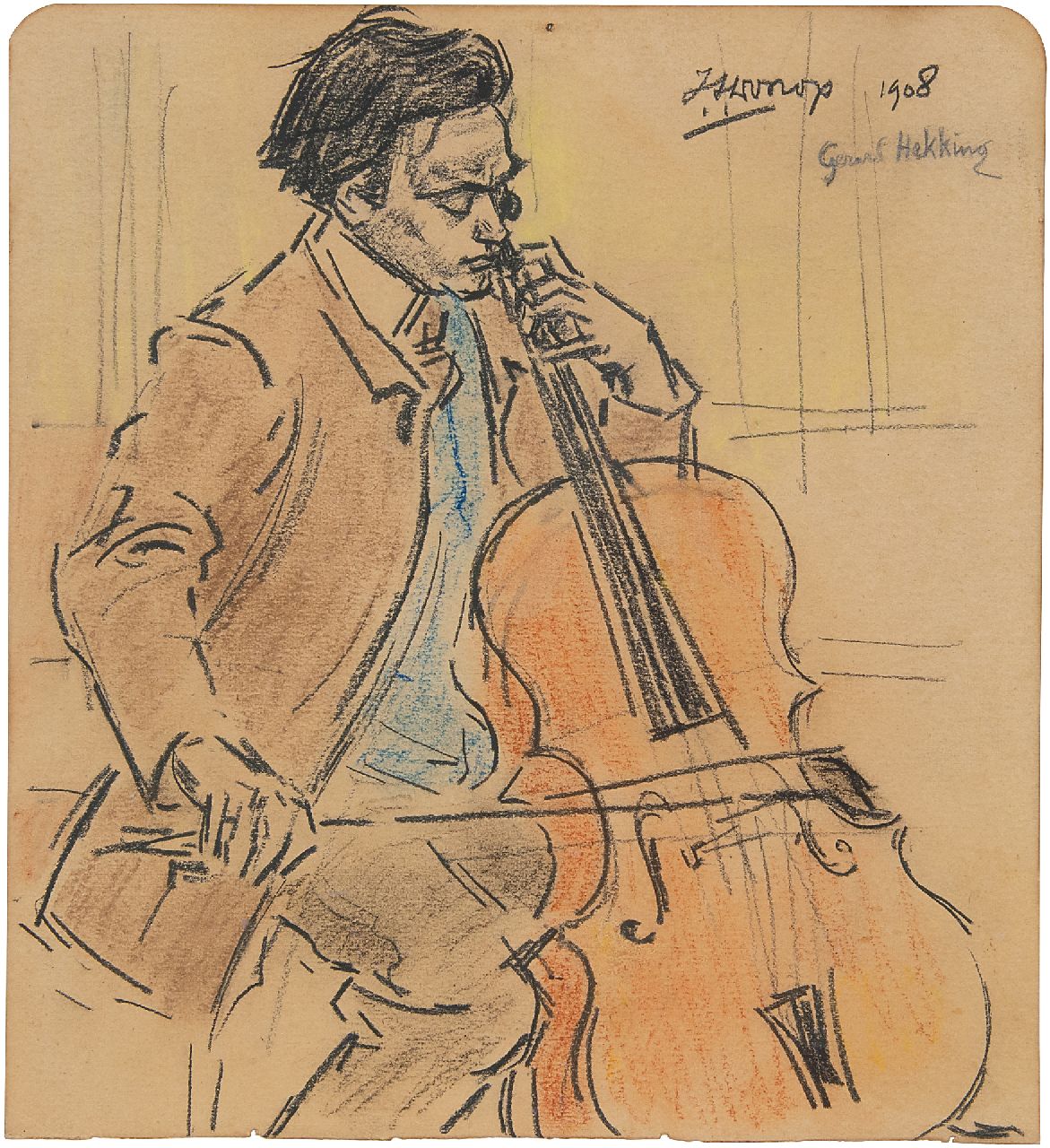 Toorop J.Th.  | Johannes Theodorus 'Jan' Toorop | Watercolours and drawings offered for sale | Gerard Hekking, playing cello, black and coloured chalk on paper 21.6 x 19.7 cm, signed u.r. and dated 1908