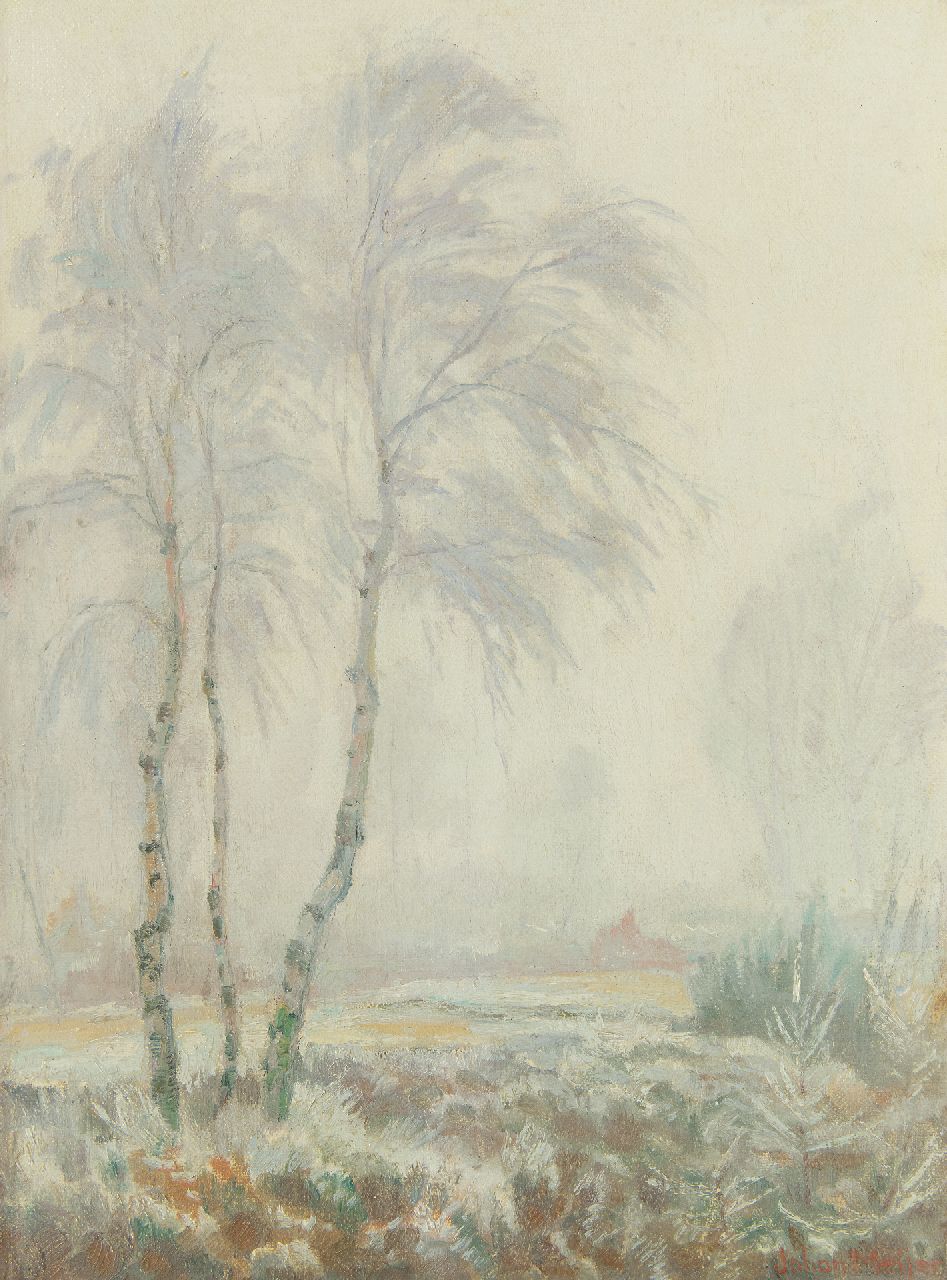 Meijer J.  | Johannes 'Johan' Meijer, Frost and fog, oil on canvas 38.5 x 28.8 cm, signed l.r.