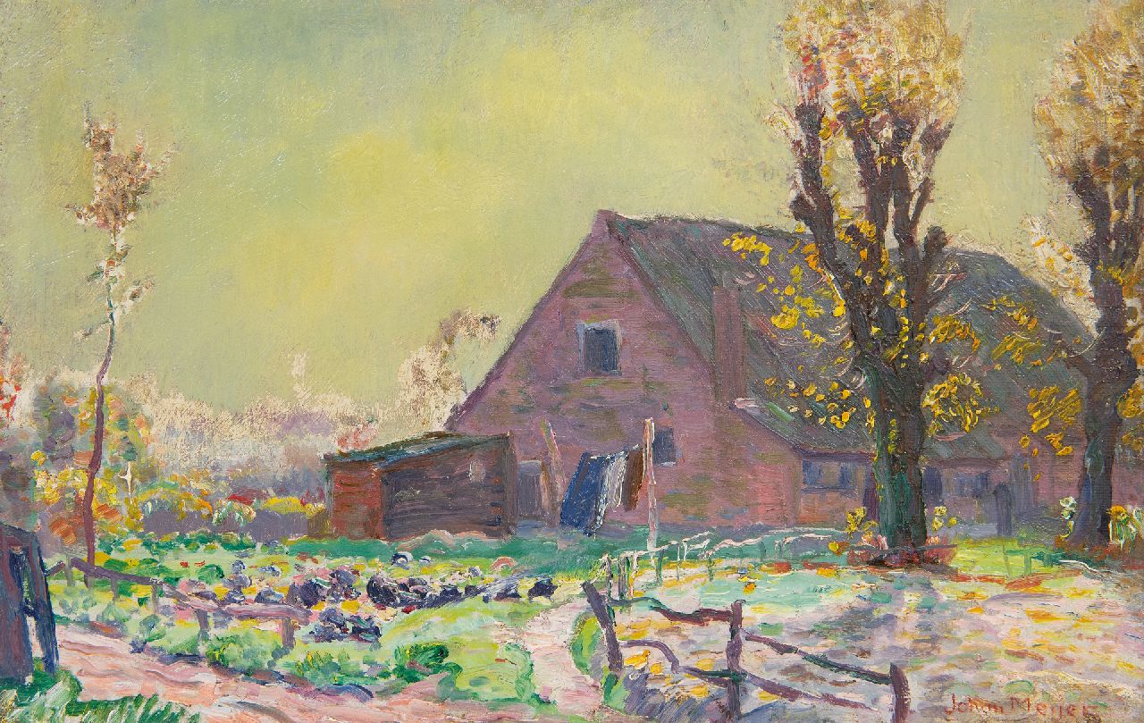 Meijer J.  | Johannes 'Johan' Meijer | Paintings offered for sale | Behind the farm 't Klooster at the Zevenend in Laren, oil on canvas 22.4 x 35.5 cm, signed l.r.