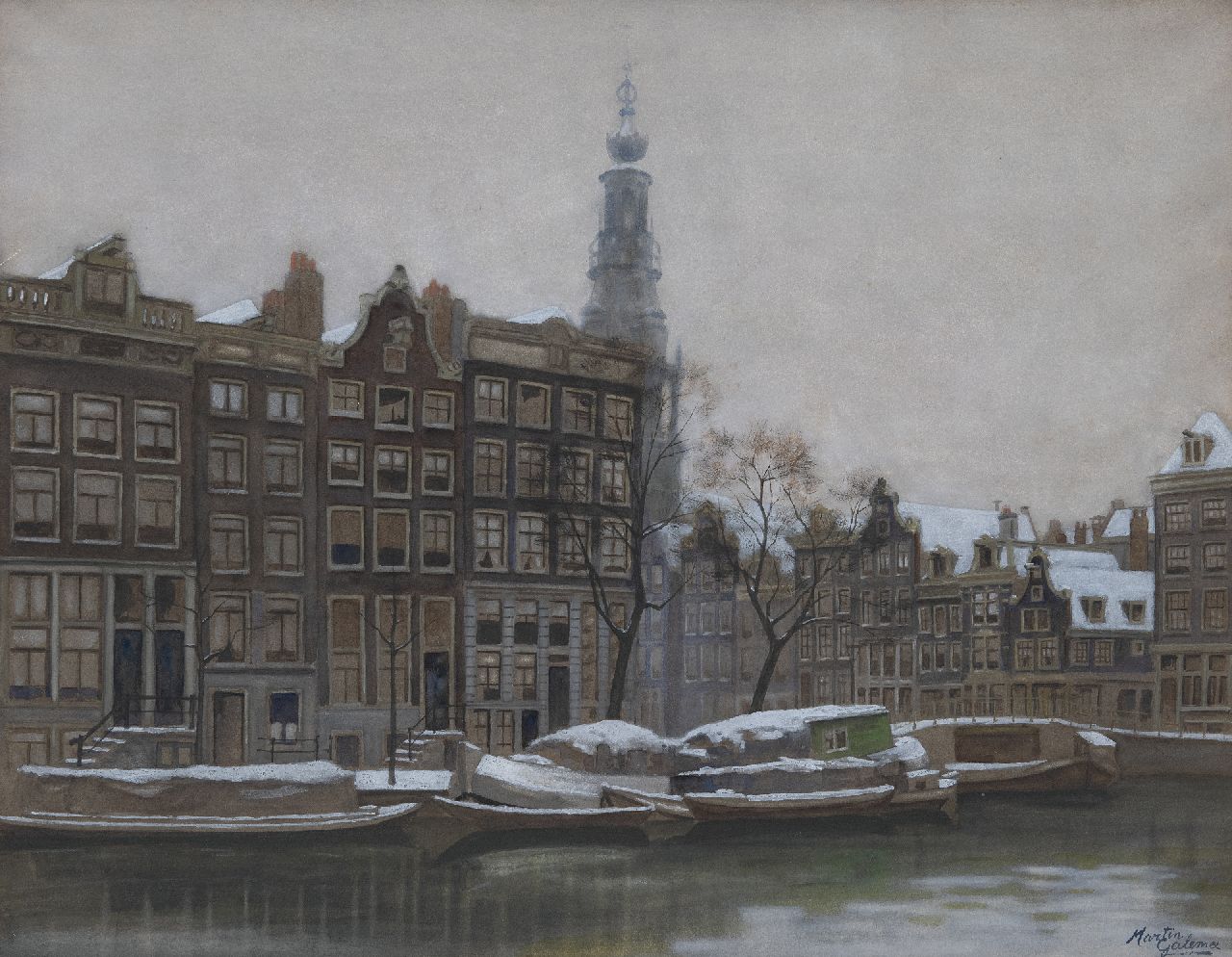 Galema A.  | Arjen Galema | Watercolours and drawings offered for sale | Amsterdam in winter, with the tower of the Zuiderkerk, watercolour on paper 52.0 x 66.5 cm, signed l.r. and without frame