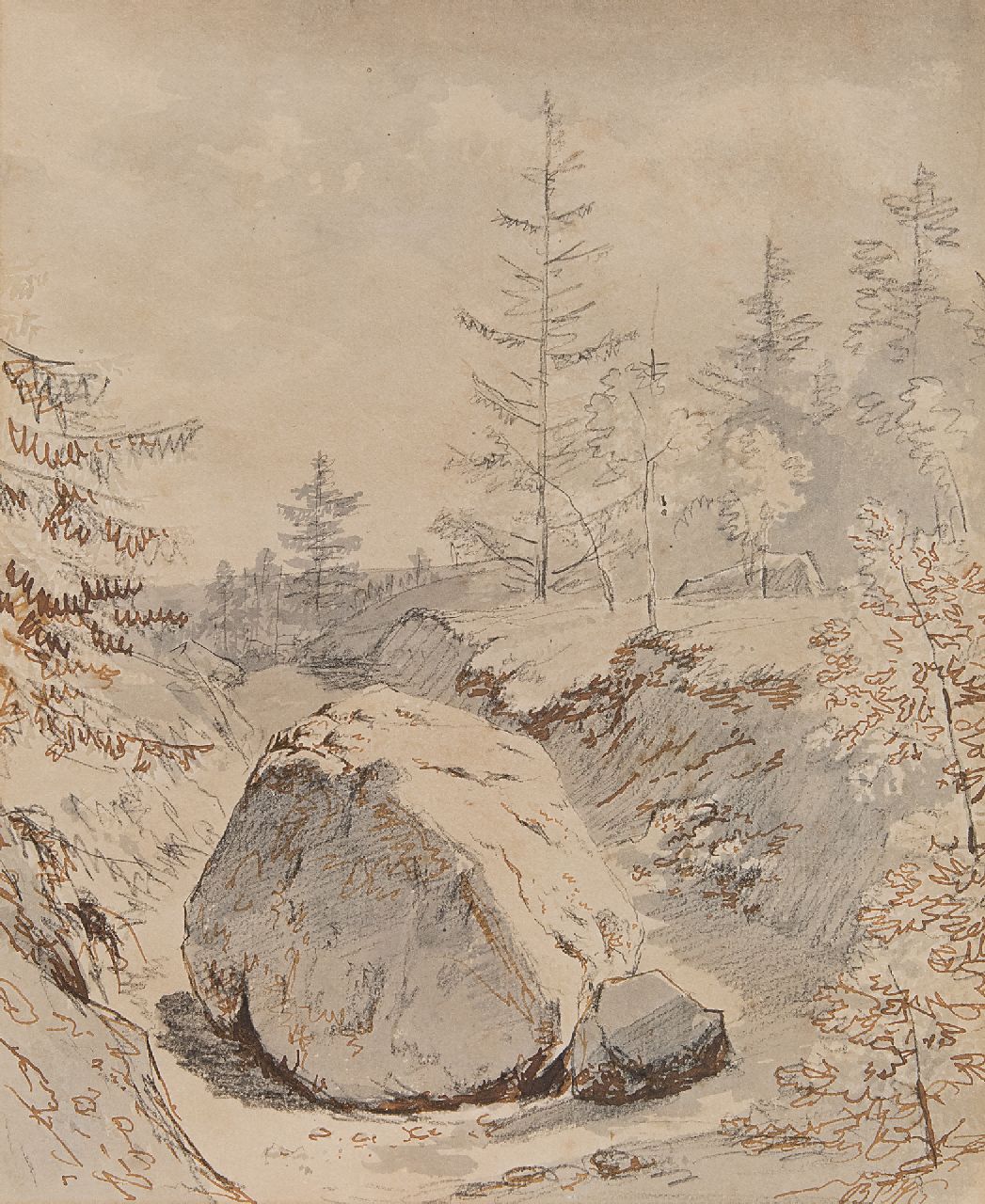 Koekkoek B.C.  | Barend Cornelis Koekkoek, Hilly landscape with boulder, washed ink, brown ink and chalk on paper 26.1 x 21.3 cm, signed l.r. with initials