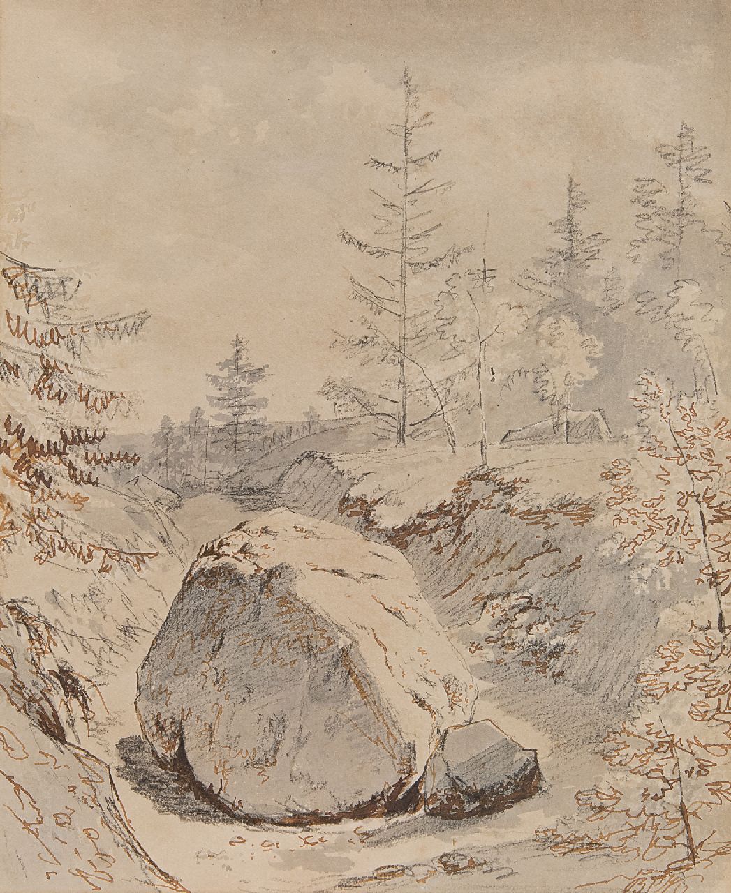 Koekkoek B.C.  | Barend Cornelis Koekkoek |  offered for sale | Hilly landscape with boulder, washed ink, brown ink and chalk on paper 26.1 x 21.3 cm, signed l.r. with initials