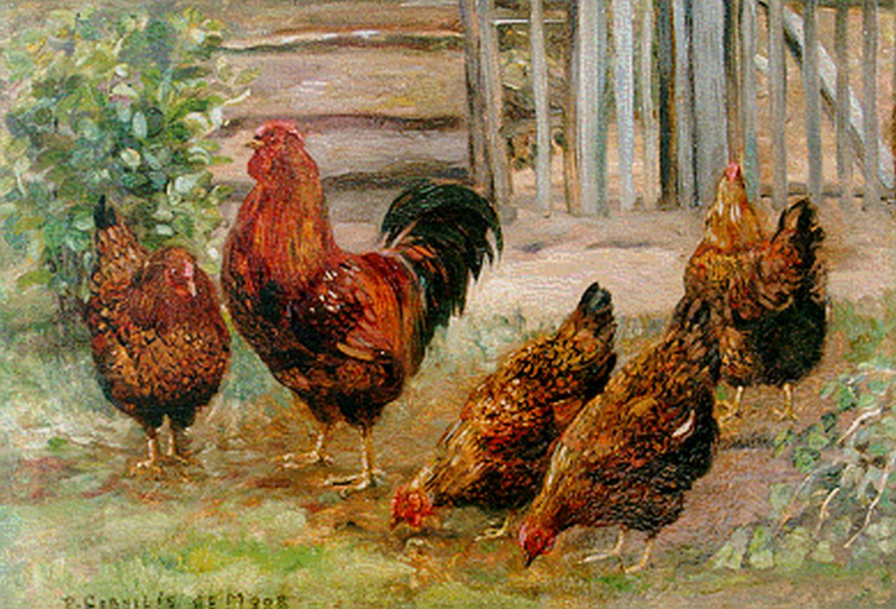 Moor P.C. de | Pieter Cornelis de Moor, Poultry on a yard, oil on canvas 22.6 x 32.7 cm, signed l.l.