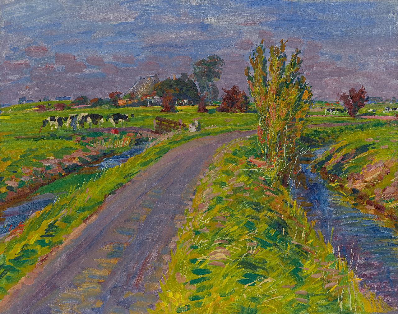 Dijkstra J.  | Johannes 'Johan' Dijkstra | Paintings offered for sale | Polder landscape with farm and cows; verso: Farm on a countryroad, oil on canvas 52.4 x 66.0 cm, painted ca. 1930