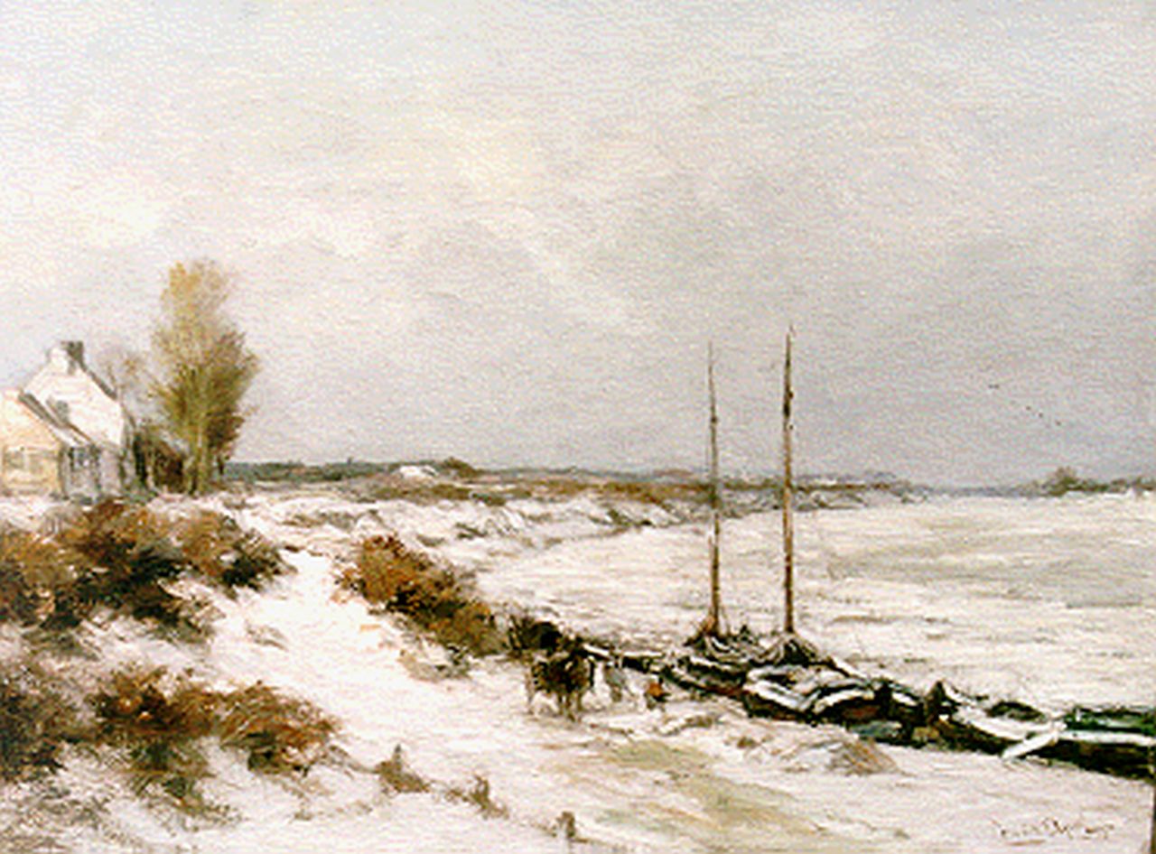 Apol L.F.H.  | Lodewijk Franciscus Hendrik 'Louis' Apol, Moored boats in winter, oil on canvas 45.0 x 60.0 cm, signed l.r.