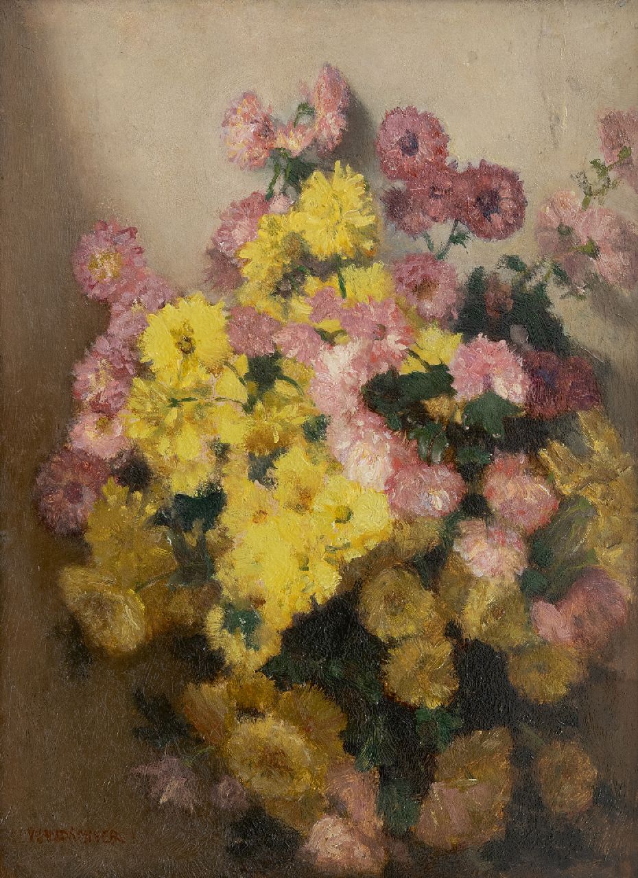 Wandscheer M.W.  | Maria Wilhelmina 'Marie' Wandscheer | Paintings offered for sale | Autumn chrysanthemums, oil on panel 41.0 x 30.1 cm, signed l.l. and reverse