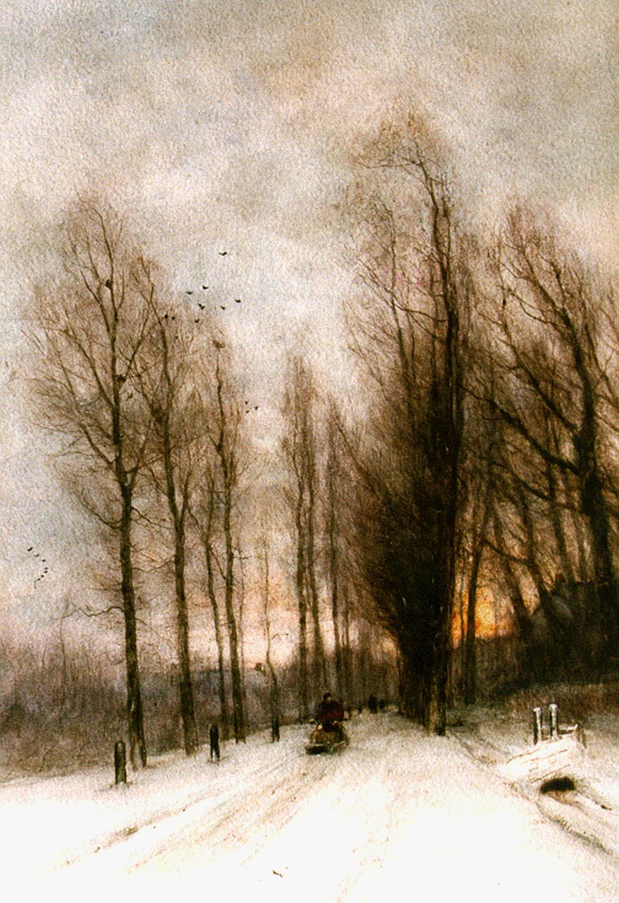 Apol L.F.H.  | Lodewijk Franciscus Hendrik 'Louis' Apol, A snow-covered country lane, watercolour on paper 54.0 x 38.0 cm, signed l.l.