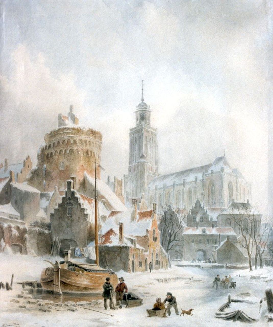 Hove B.J. van | Bartholomeus Johannes 'Bart' van Hove, A view of the city gate and church of Deventer, watercolour on paper 47.0 x 40.0 cm, signed l.l. and dated 1845