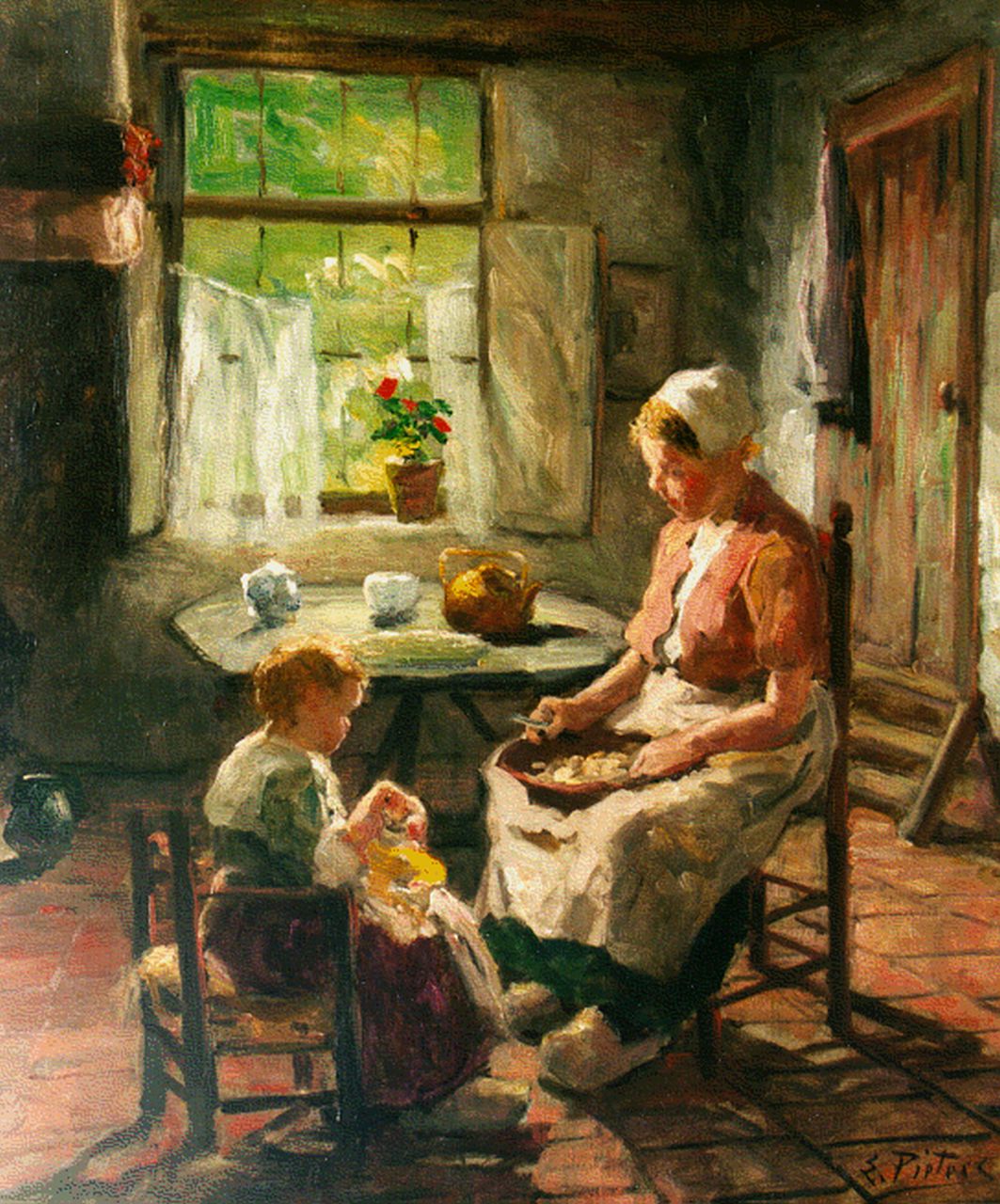 Pieters E.  | Evert Pieters, Feeding the doll, oil on canvas 61.0 x 50.8 cm, signed l.r.