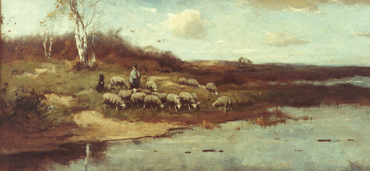 Scherrewitz J.F.C.  | Johan Frederik Cornelis Scherrewitz, A shepherd and flock, oil on canvas 40.0 x 80.3 cm, signed l.l.