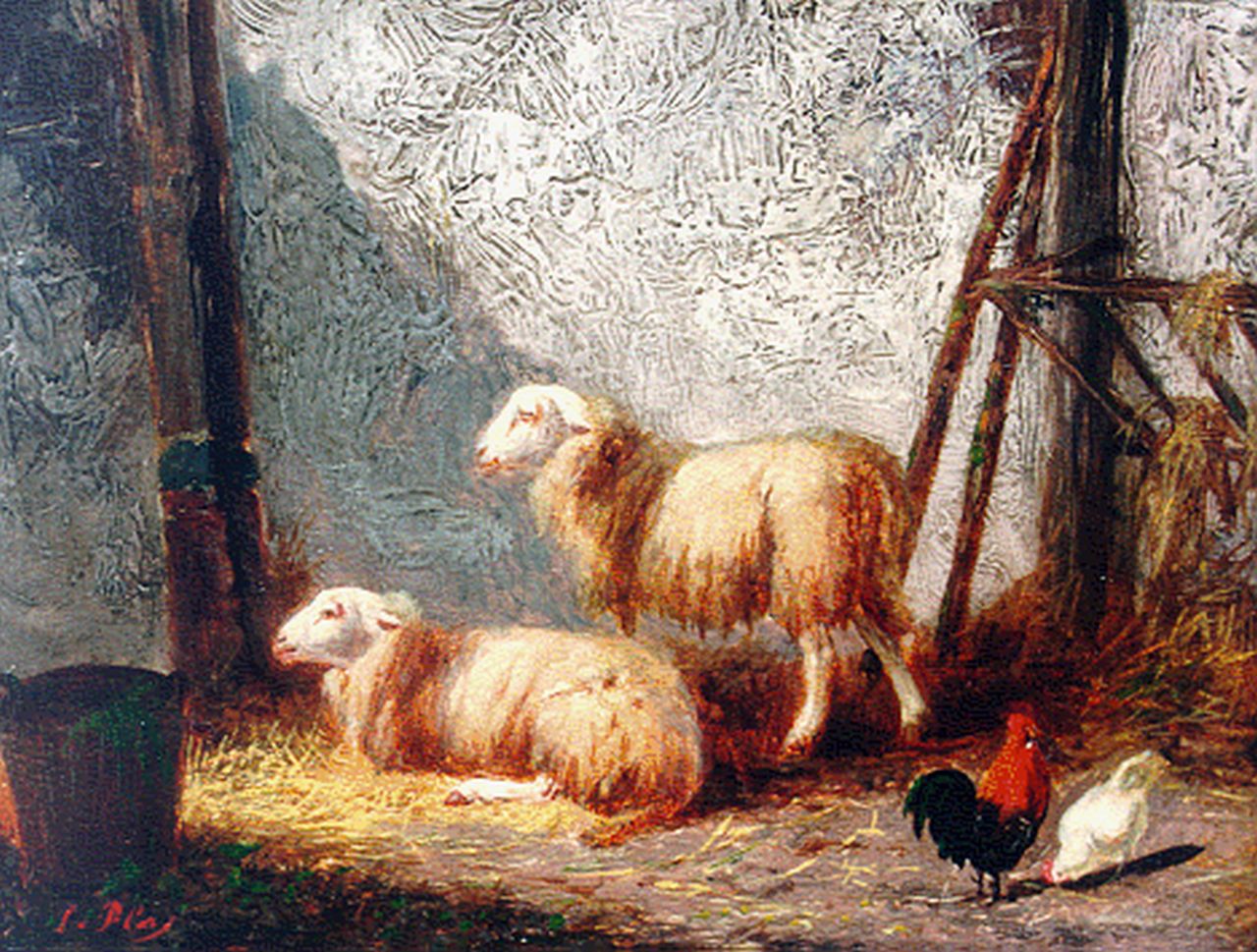 Plas L.  | Louwerencius Plas, Sheep and chickens in a stable, oil on panel 11.5 x 15.4 cm, signed l.l.
