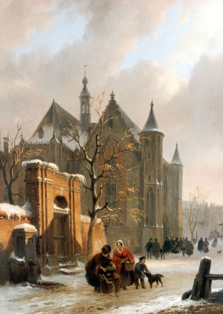 Hove B.J. van | Bartholomeus Johannes 'Bart' van Hove, Figures on a village square, oil on panel 29.7 x 21.8 cm, signed l.l. and dated 1846