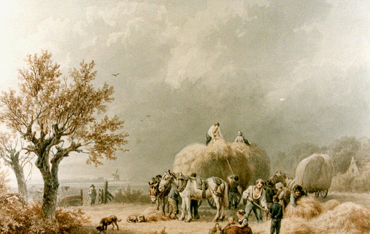 Koekkoek B.C.  | Barend Cornelis Koekkoek, Hay harvest, watercolour on paper 31.6 x 38.3 cm, signed l.r. and dated 1838