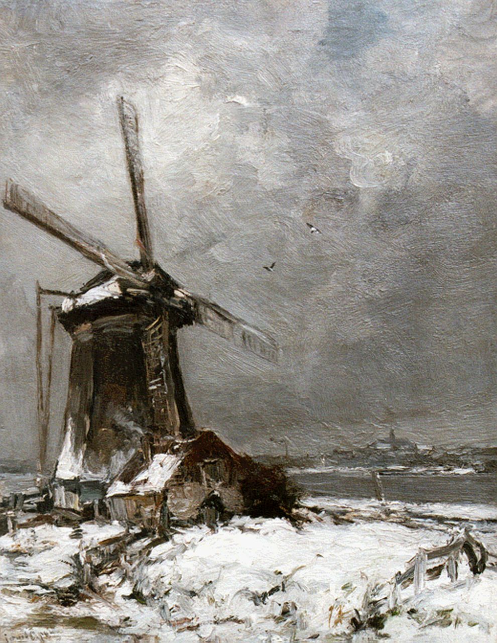 Apol L.F.H.  | Lodewijk Franciscus Hendrik 'Louis' Apol, A windmill in a snow-covered landscape, oil on canvas 50.2 x 39.2 cm, signed l.l.