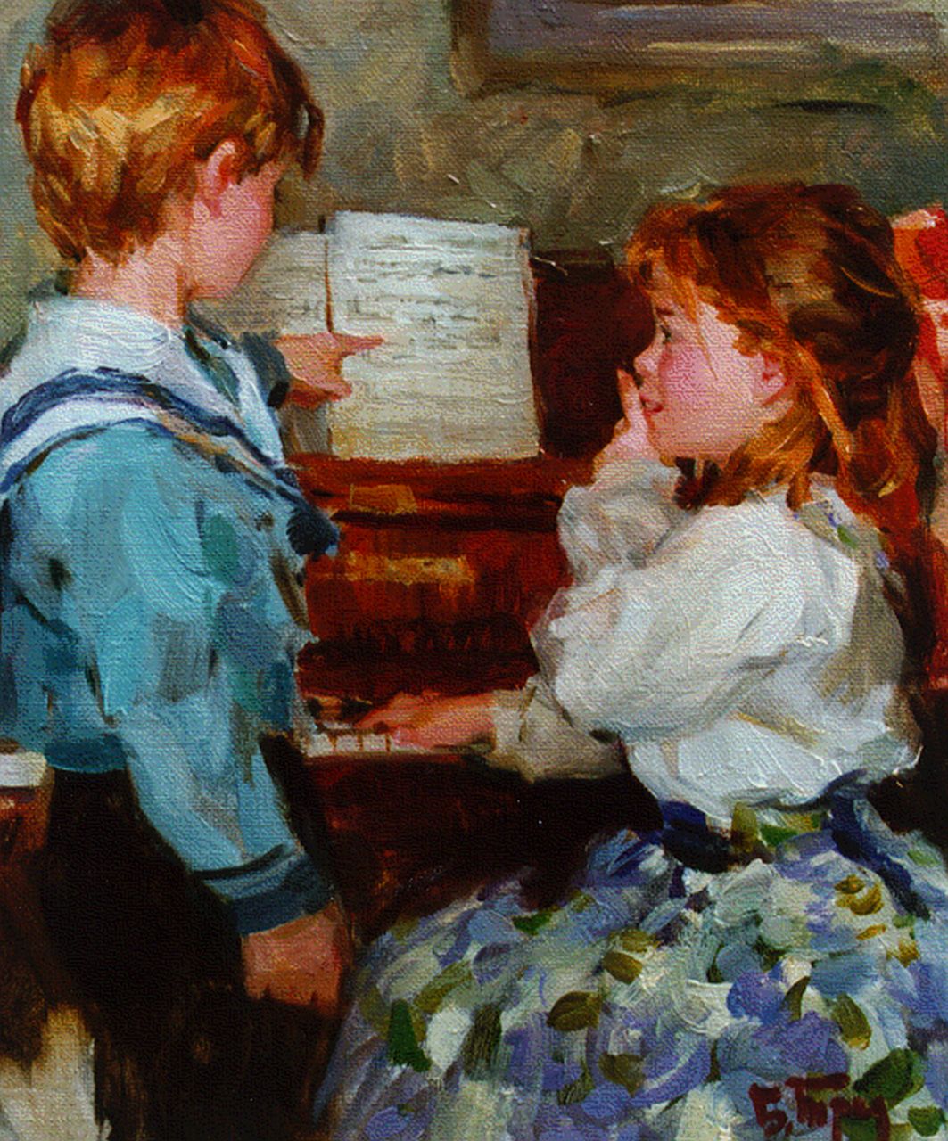 Trofimenko B.  | Boris Trofimenko, Playing the piano, oil on canvas 34.8 x 26.8 cm, signed l.r.