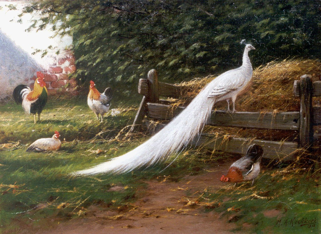 Koekkoek II M.A.  | Marinus Adrianus Koekkoek II, A peacock and chickens on a yard, oil on canvas 28.4 x 38.4 cm, signed l.r. and dated 1912