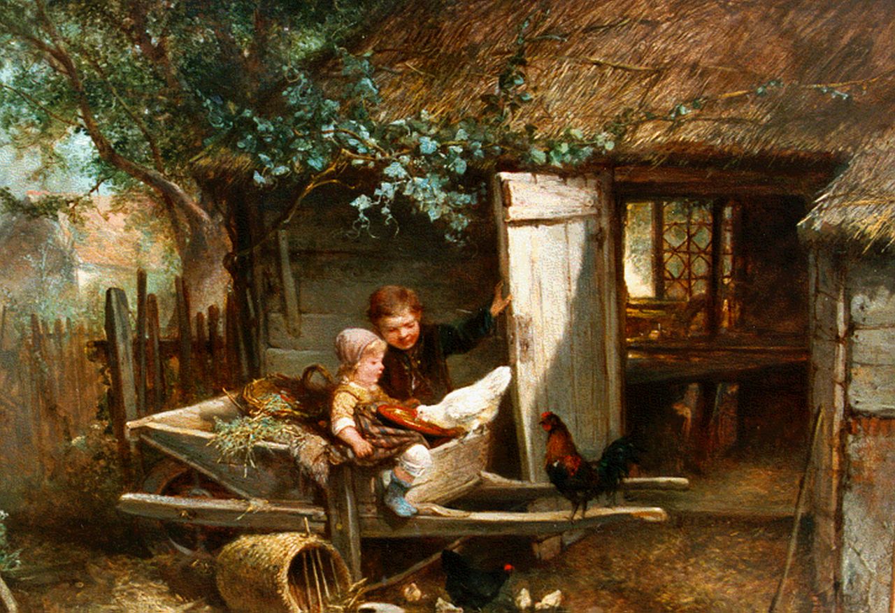 Kate J.M.H. ten | Johan 'Mari' Henri ten Kate, Feeding the chickens, oil on panel 34.2 x 46.5 cm, signed l.l.