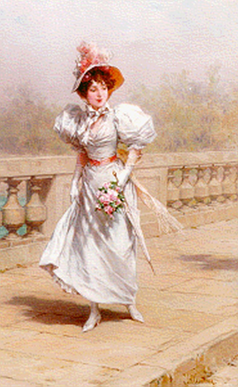 Kaemmerer F.H.  | Frederik Hendrik Kaemmerer, An elegant young lady strolling, oil on canvas 46.0 x 32.5 cm, signed l.r.