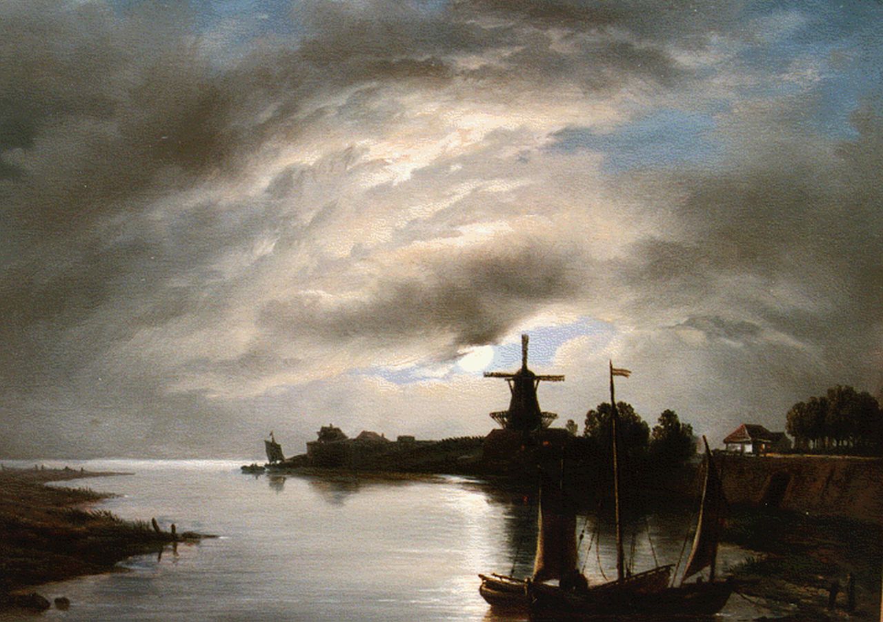 Meijer J.H.L.  | Johan Hendrik 'Louis' Meijer, A moonlit river landscape, oil on panel 23.5 x 30.0 cm, signed l.l.