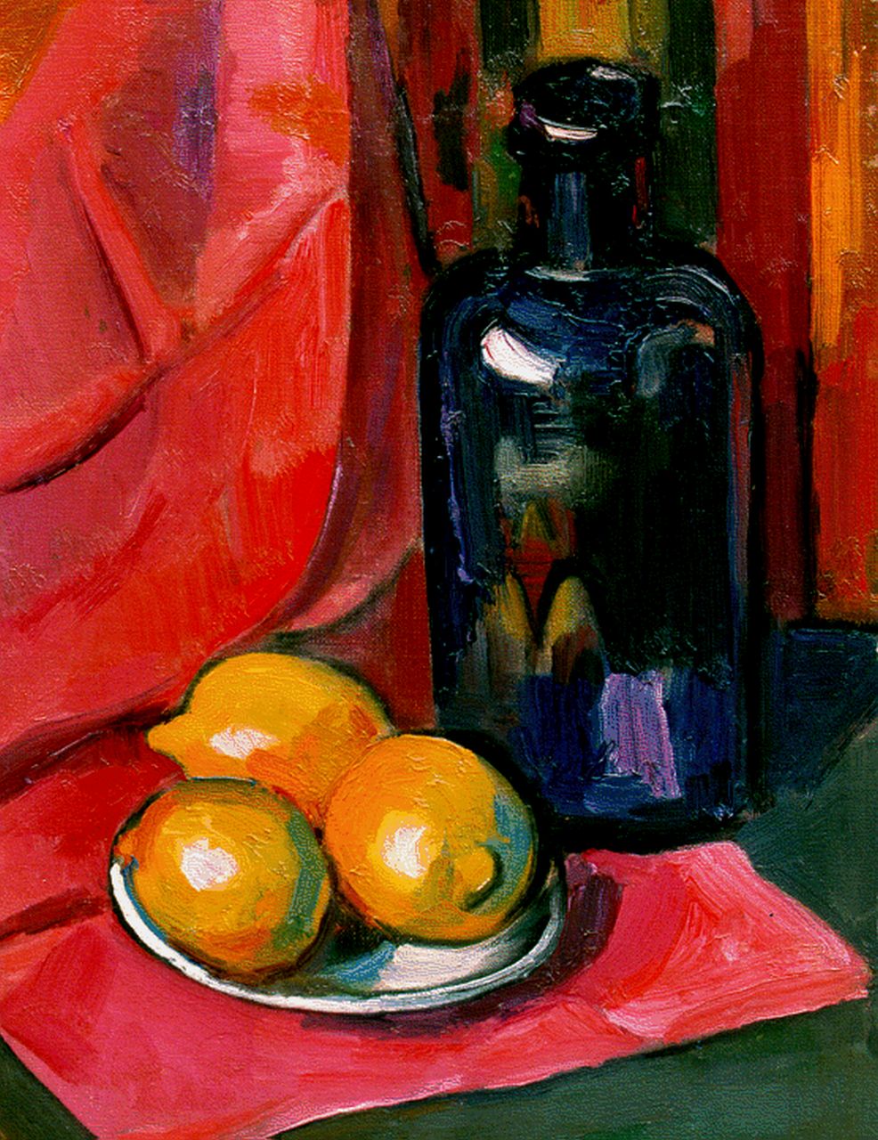Wiegman M.J.M.  | Mattheus Johannes Marie 'Matthieu' Wiegman, A still life with a bottle and three lemons, oil on canvas 40.0 x 30.0 cm, signed l.r.